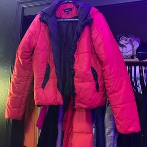 Red puffer jacket